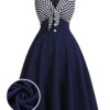 Navy Blue 1950s Striped Patchwork Dress