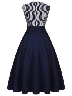 Navy Blue 1950s Striped Patchwork Dress 11 Navy Blue 1950s Striped Patchwork Dress -Candi Clothing Shop SCH000659 3
