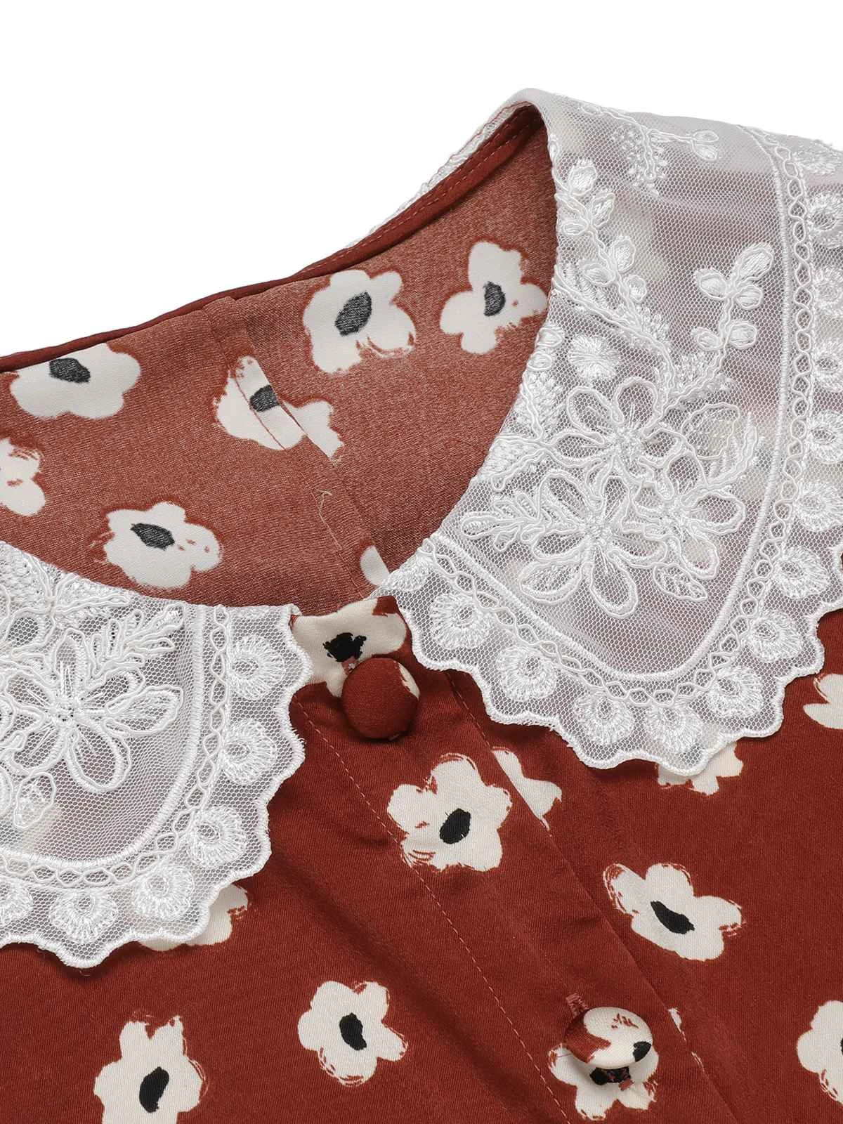 Red 1960s Floral Puff Sleeve Flared Dress 5 Red 1960s Floral Puff Sleeve Flared Dress - Image 5