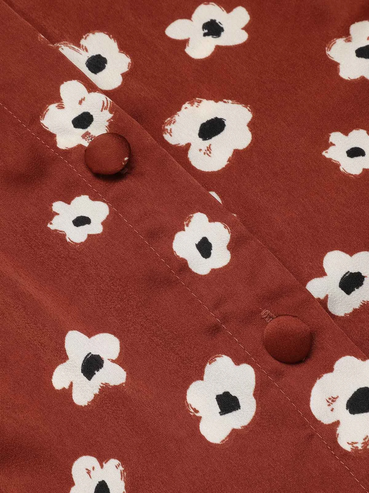 Red 1960s Floral Puff Sleeve Flared Dress 6 Red 1960s Floral Puff Sleeve Flared Dress - Image 6