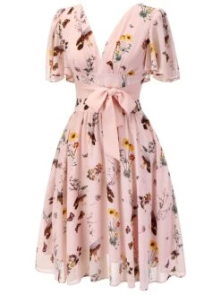 [US Warehouse] Pink Flowers And Birds Bowknot V-Neck Dress -Candi Clothing Shop SCH000725 2 1ae75753 6426 4dc0 b1c4 a22367972f0a