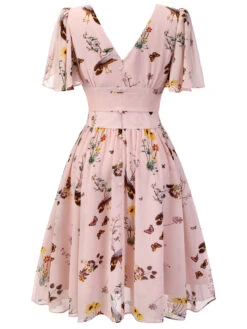 [US Warehouse] Pink Flowers And Birds Bowknot V-Neck Dress -Candi Clothing Shop SCH000725 3 f7ba921d 1a62 4b51 aba8 16b81967c534