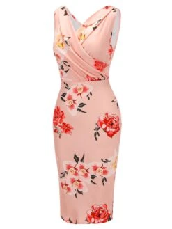 Pink 1950s V-neck Wrap Floral Pencil Dress -Candi Clothing Shop SCH000731 2