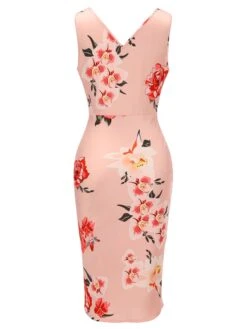 Pink 1950s V-neck Wrap Floral Pencil Dress -Candi Clothing Shop SCH000731 3