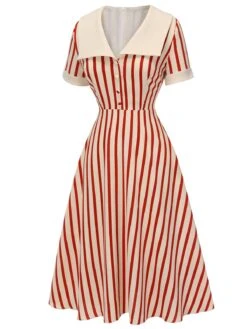 Red 1940s Lapel Vertical Stripes Dress -Candi Clothing Shop SCH000860 2