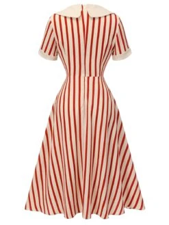 Red 1940s Lapel Vertical Stripes Dress -Candi Clothing Shop SCH000860 3