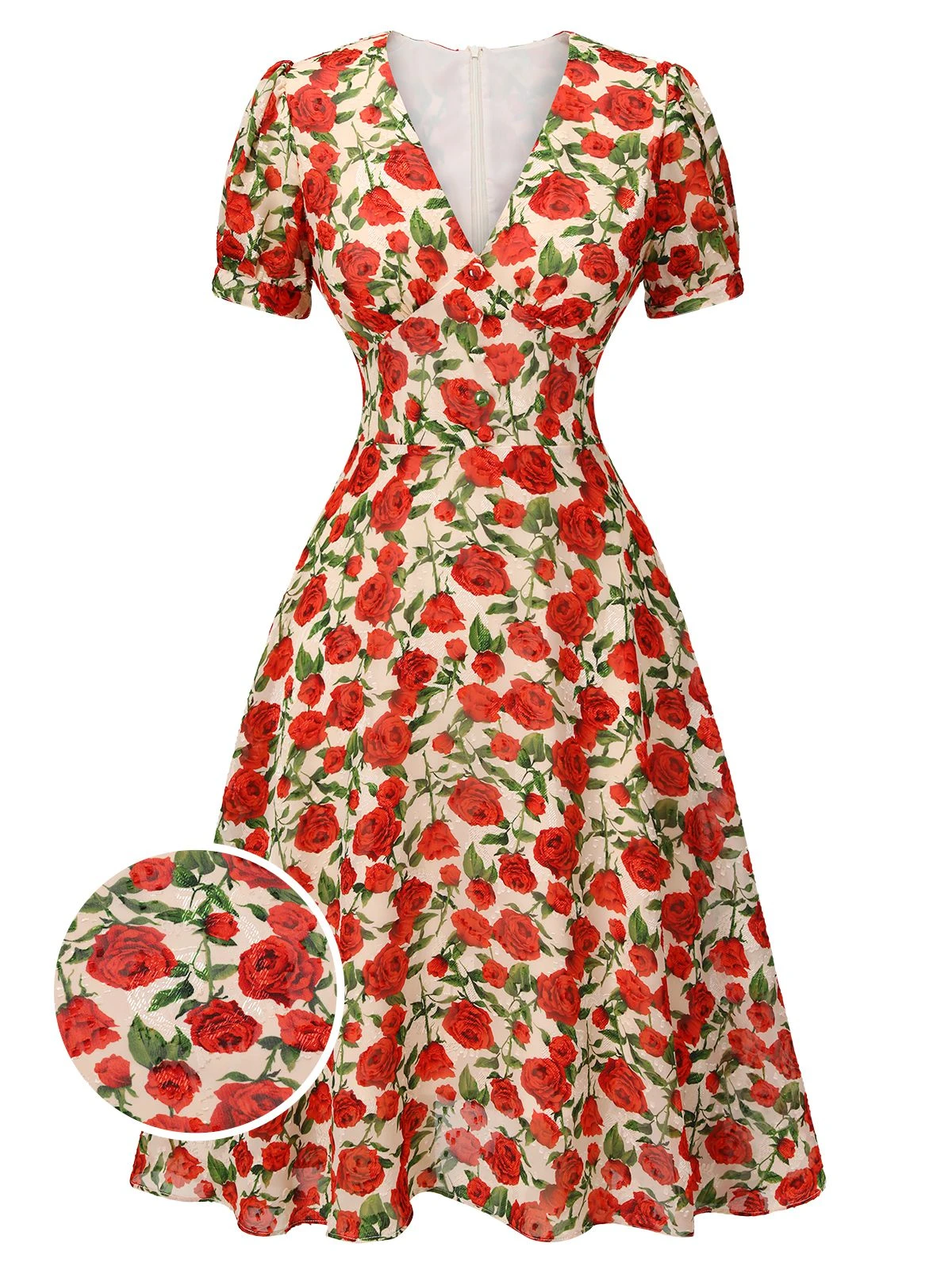 Red 1940s Rose V-Neck Swing Dress 1 Red 1940s Rose V-Neck Swing Dress