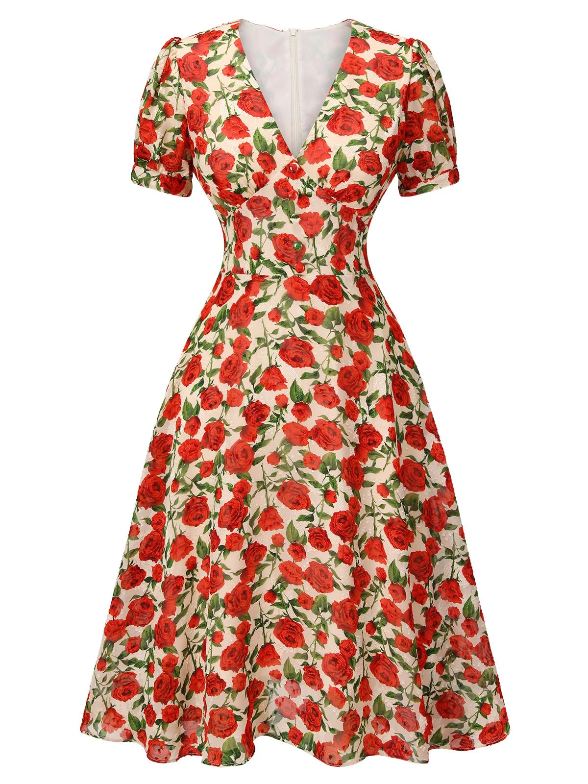 Red 1940s Rose V-Neck Swing Dress 2 Red 1940s Rose V-Neck Swing Dress - Image 2