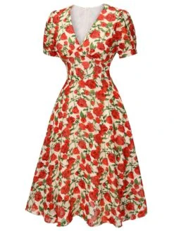Red 1940s Rose V-Neck Swing Dress 9 Red 1940s Rose V-Neck Swing Dress -Candi Clothing Shop SCH000861 2