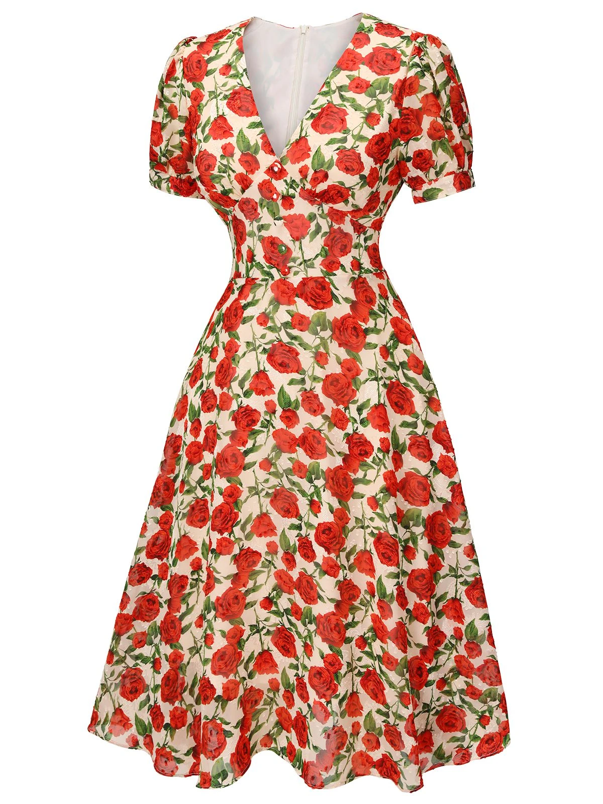 Red 1940s Rose V-Neck Swing Dress 3 Red 1940s Rose V-Neck Swing Dress - Image 3