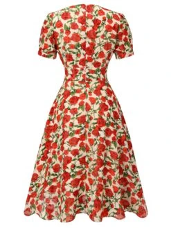 Red 1940s Rose V-Neck Swing Dress 10 Red 1940s Rose V-Neck Swing Dress -Candi Clothing Shop SCH000861 3