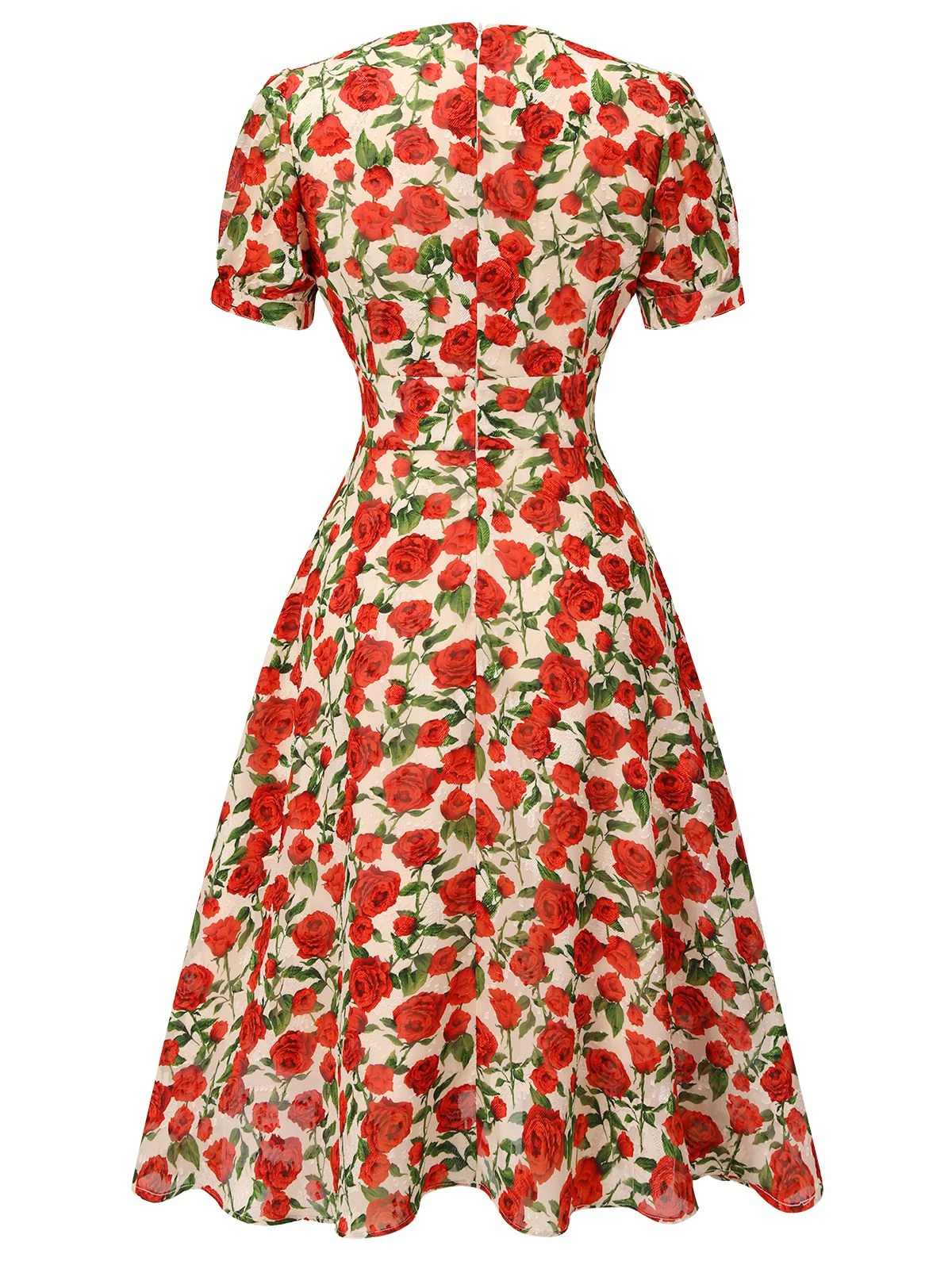 Red 1940s Rose V-Neck Swing Dress 4 Red 1940s Rose V-Neck Swing Dress - Image 4