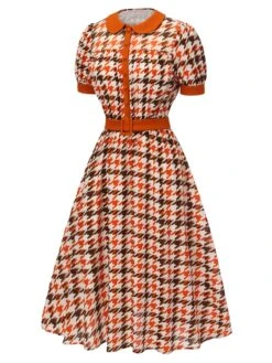 Orange 1940s Houndstooth Doll Collar Dress -Candi Clothing Shop SCH000864 2