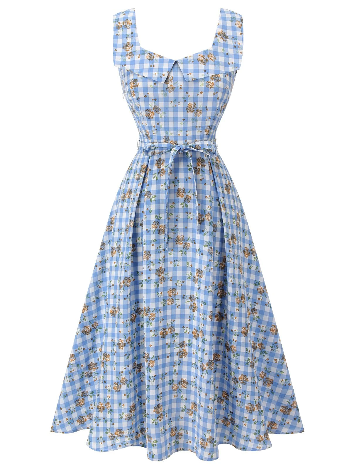 Blue 1940s Rose Plaid Lace Up Dress 2 Blue 1940s Rose Plaid Lace Up Dress - Image 2