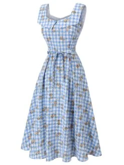 Blue 1940s Rose Plaid Lace Up Dress 9 Blue 1940s Rose Plaid Lace Up Dress -Candi Clothing Shop SCH000913 2
