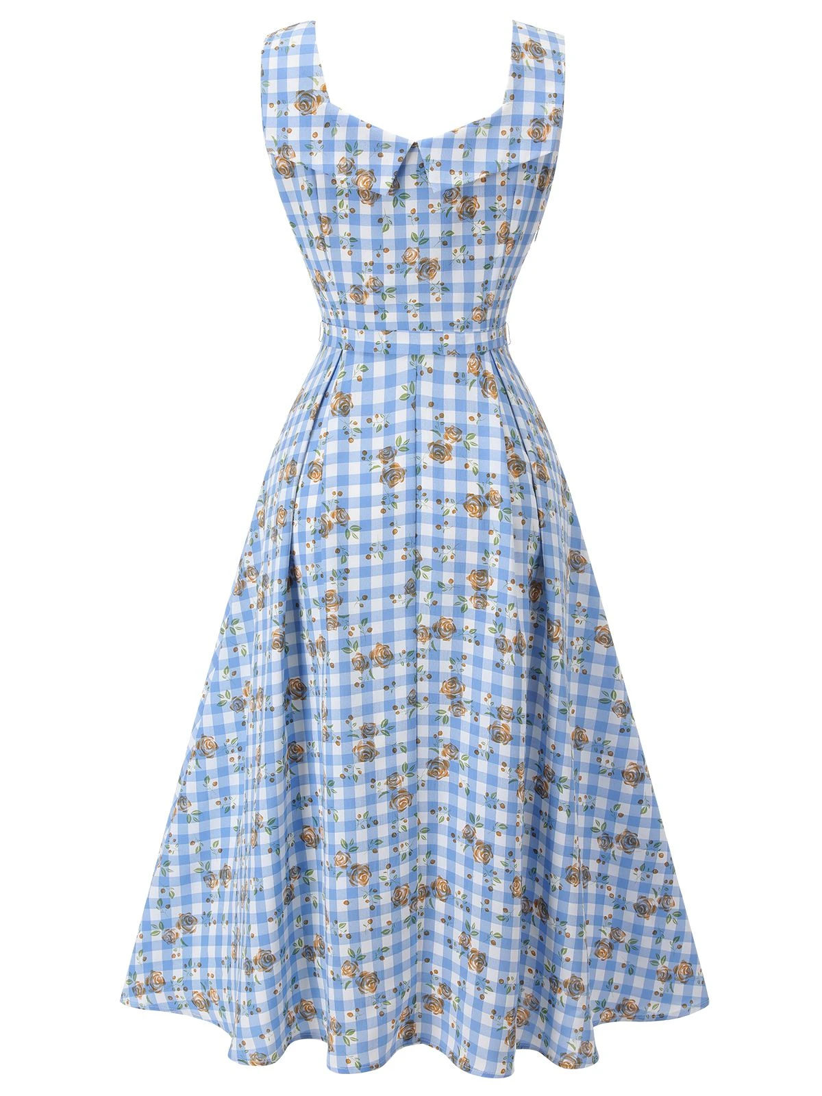 Blue 1940s Rose Plaid Lace Up Dress 4 Blue 1940s Rose Plaid Lace Up Dress - Image 4