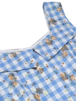 Blue 1940s Rose Plaid Lace Up Dress 11 Blue 1940s Rose Plaid Lace Up Dress -Candi Clothing Shop SCH000913 4