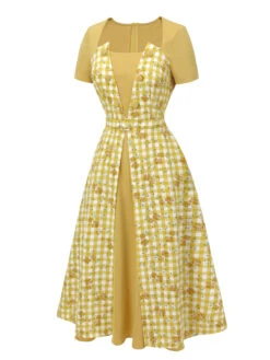 Yellow 1950s Plaid Rose Panel Raglan Dress -Candi Clothing Shop SCH000985 2