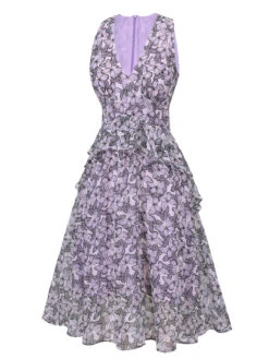 Purple 1930s Butterfly V-Neck Sleeveless Dress 9 Purple 1930s Butterfly V-Neck Sleeveless Dress -Candi Clothing Shop SCH001058 2