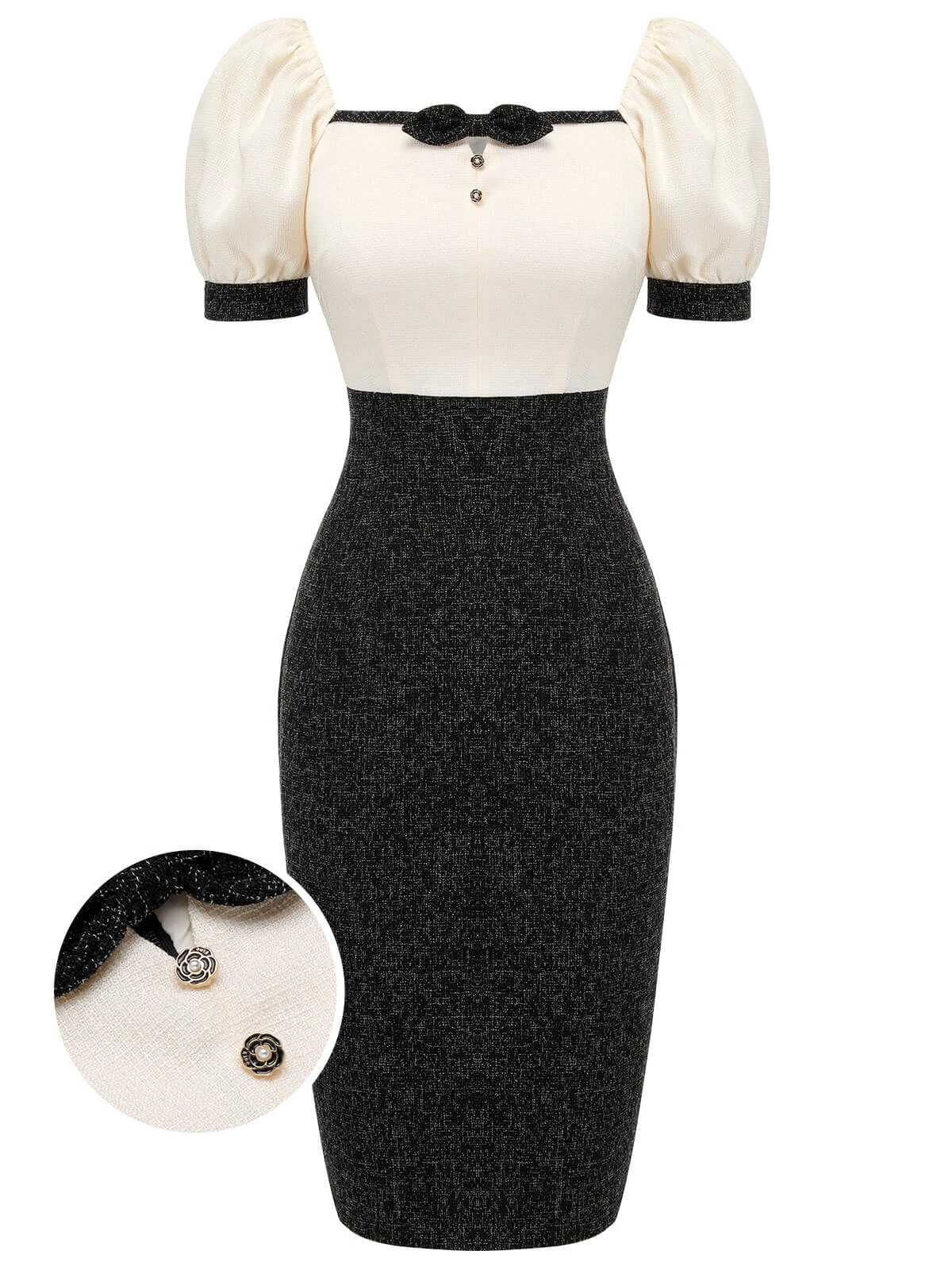 Black & Beige 1960s Puff Sleeve Pencil Dress 1 Black & Beige 1960s Puff Sleeve Pencil Dress