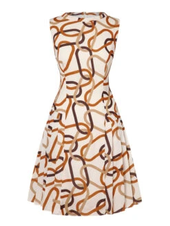 Yellow 1960s Stand Collar Printed Pleated Dress -Candi Clothing Shop SCH001243 1