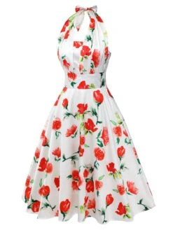 White 1950s Watercolor Rose Halter Dress -Candi Clothing Shop SCHL000010 2