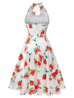 White 1950s Watercolor Rose Halter Dress -Candi Clothing Shop SCHL000010 3