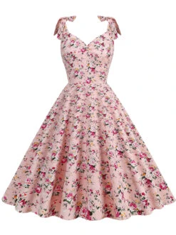 1950s Floral Lace-Up Shoulder V-Neck Swing Dress 30 1950s Floral Lace-Up Shoulder V-Neck Swing Dress -Candi Clothing Shop SCHL000114 P 1