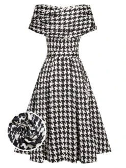 Black 1950s Houndstooth Short Sleeve Belted Dress
