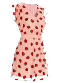 Pink 1960s Strawberry Mesh Mini Dress -Candi Clothing Shop SCHL000179 2 compressed