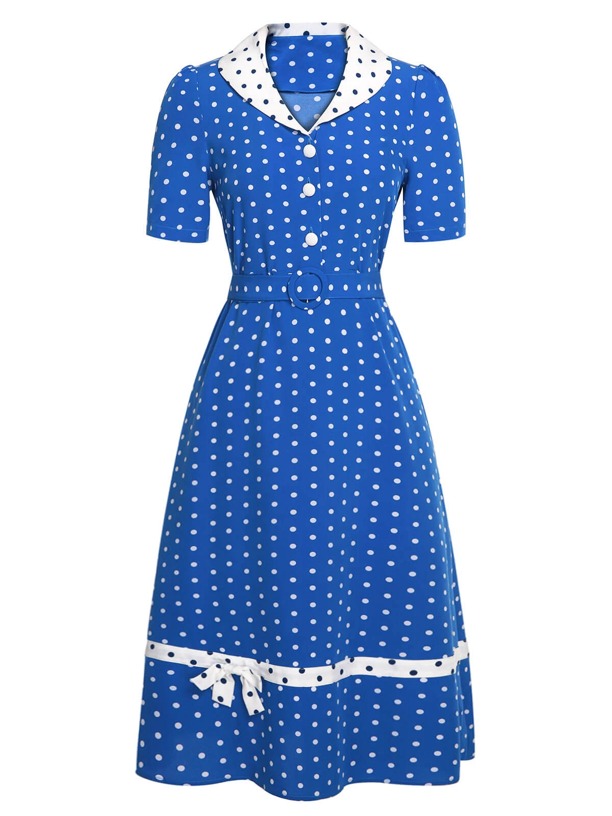 Blue & White 1940s Polka Dot Lapel Dress 2 Blue & White 1940s Polka Dot Lapel Dress - Image 2