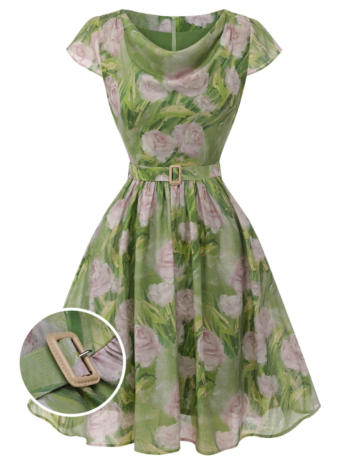 Green 1960s Oil-Painting Rose Dress 1 Green 1960s Oil-Painting Rose Dress