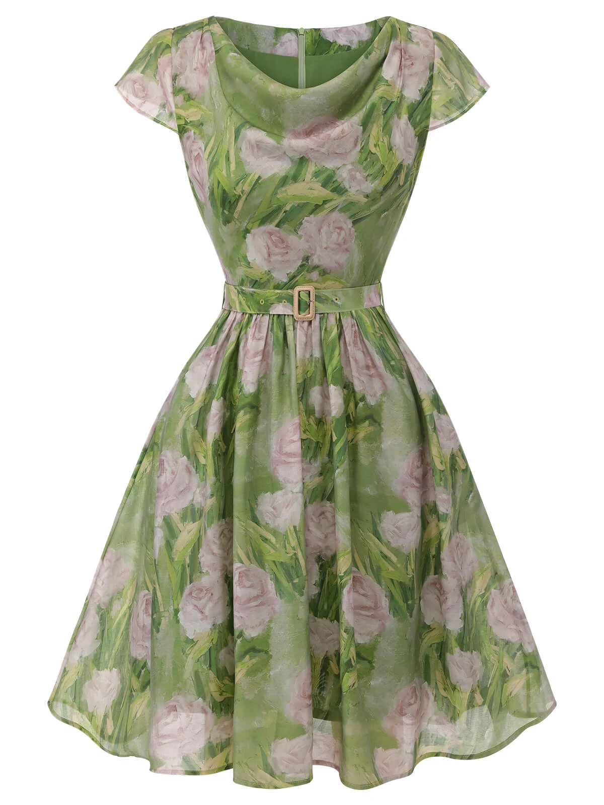 Green 1960s Oil-Painting Rose Dress 2 Green 1960s Oil-Painting Rose Dress - Image 2