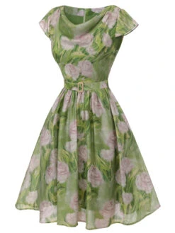 Green 1960s Oil-Painting Rose Dress 10 Green 1960s Oil-Painting Rose Dress -Candi Clothing Shop SCHL000562 2
