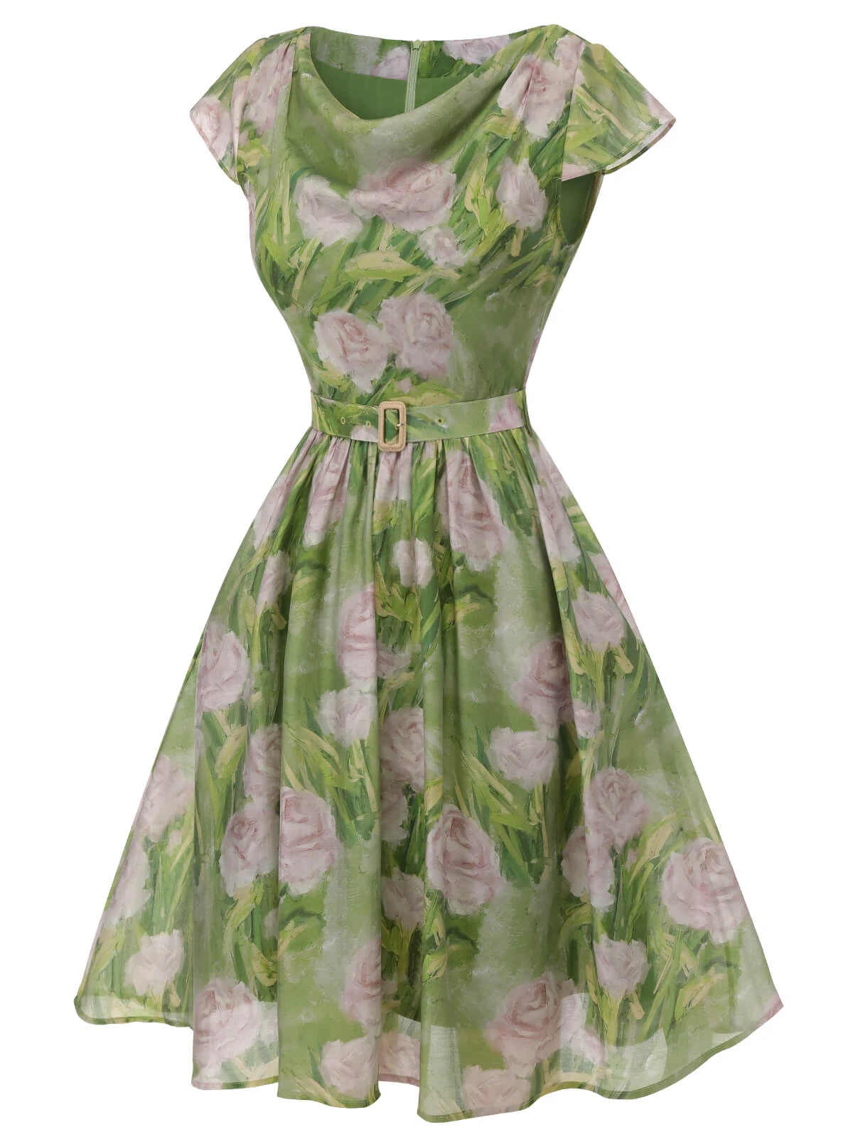 Green 1960s Oil-Painting Rose Dress 3 Green 1960s Oil-Painting Rose Dress - Image 3