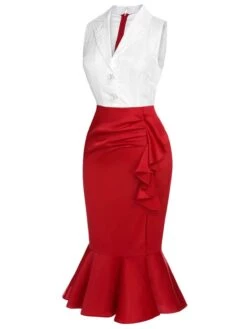 Red & White 1930s Sleeveless Slit Fishtail Dress -Candi Clothing Shop SCHL000566 2 compressed