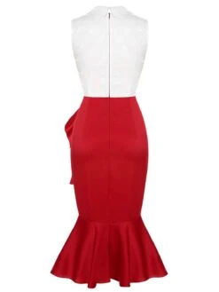 Red & White 1930s Sleeveless Slit Fishtail Dress -Candi Clothing Shop SCHL000566 3 compressed