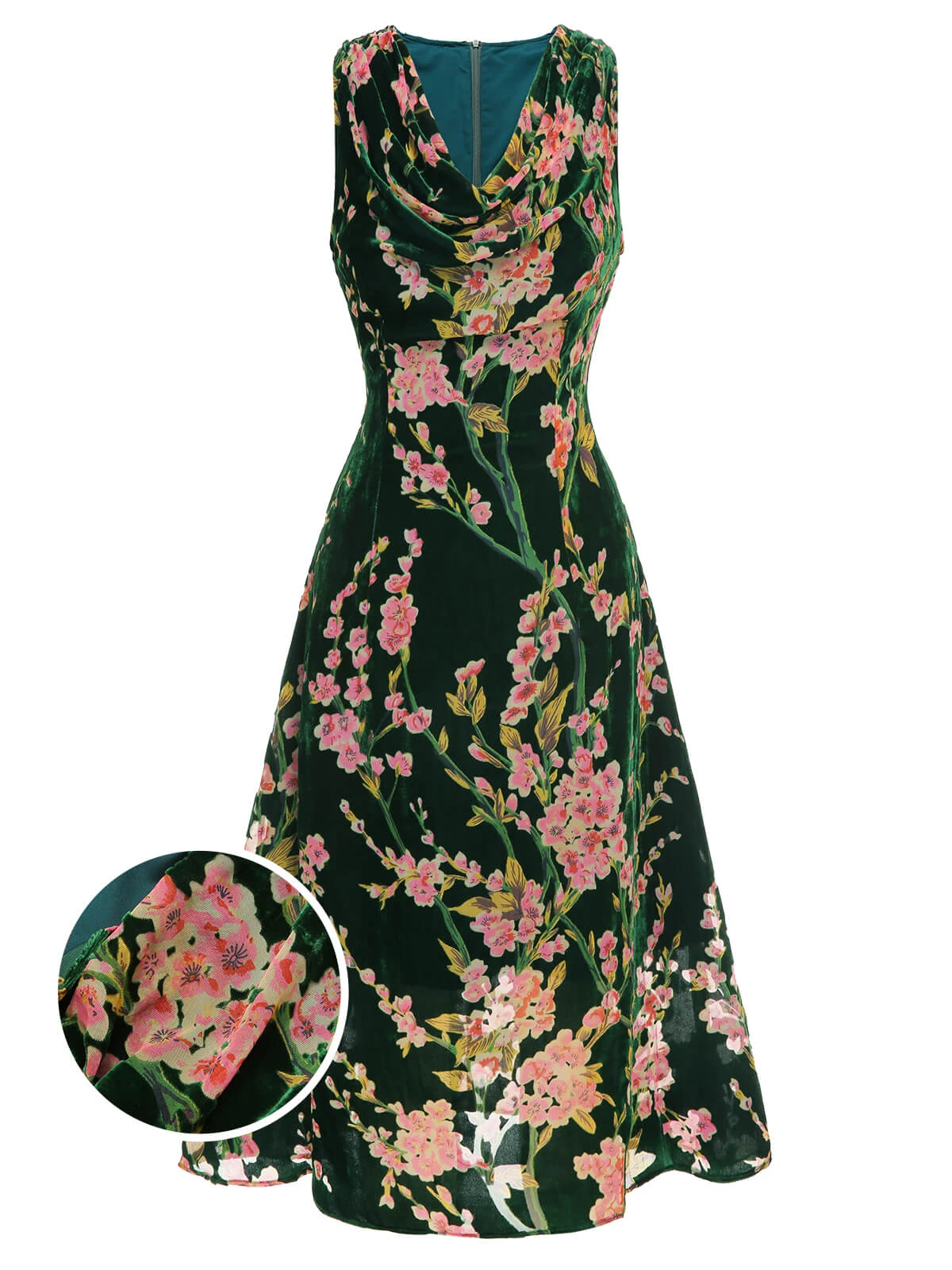 Green 1930s Floral Velvet Sleeveless Dress 1 Green 1930s Floral Velvet Sleeveless Dress