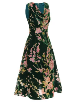 Green 1930s Floral Velvet Sleeveless Dress 9 Green 1930s Floral Velvet Sleeveless Dress -Candi Clothing Shop SCHL000590 2