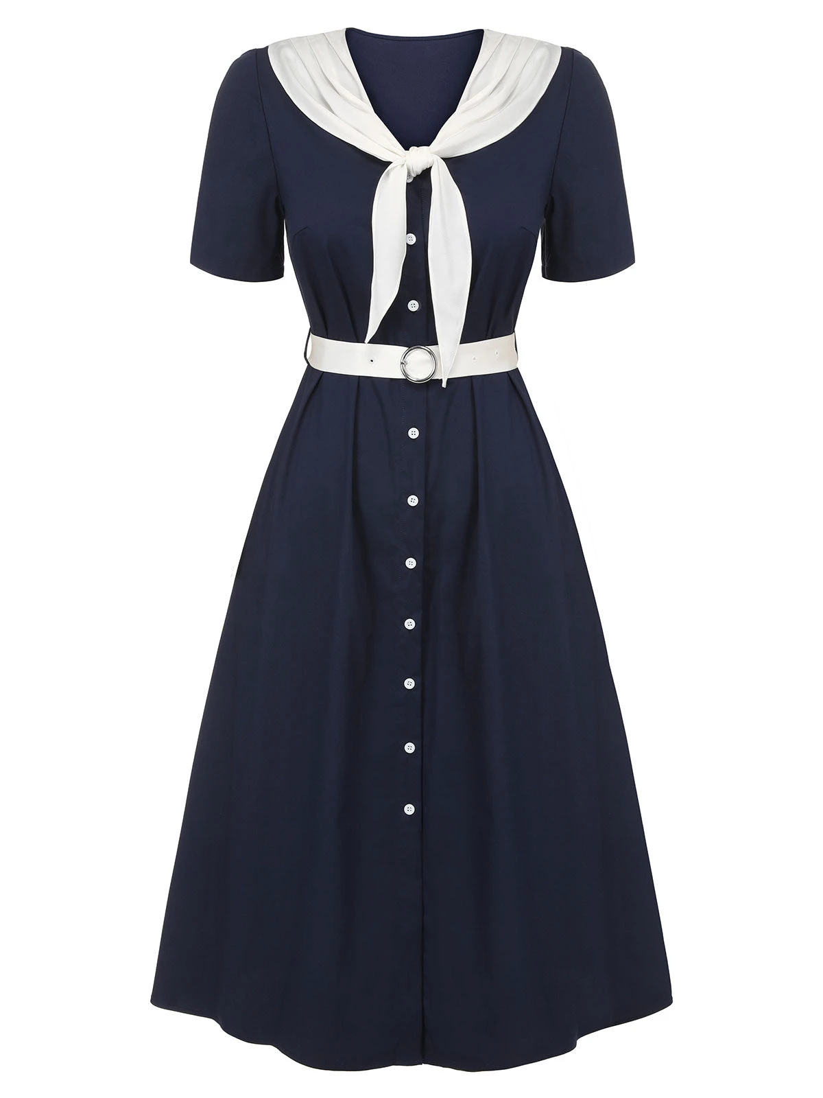 Dark Blue & White 1940s Sailor Collar Dress 2 Dark Blue & White 1940s Sailor Collar Dress - Image 2