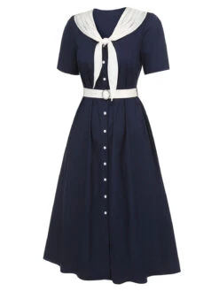 Dark Blue & White 1940s Sailor Collar Dress 9 Dark Blue & White 1940s Sailor Collar Dress -Candi Clothing Shop SCHL000613 2