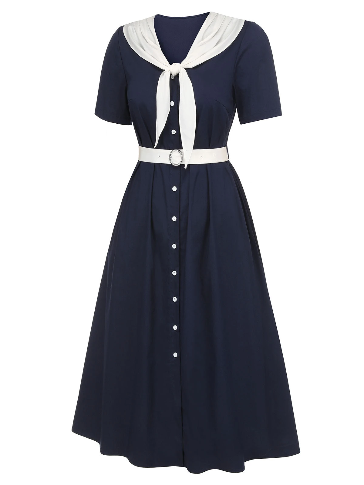 Dark Blue & White 1940s Sailor Collar Dress 3 Dark Blue & White 1940s Sailor Collar Dress - Image 3