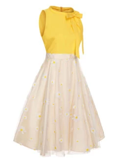 Yellow 1950s Daisy Bowtie Patchwork Dress 9 Yellow 1950s Daisy Bowtie Patchwork Dress -Candi Clothing Shop SCHL000622 2