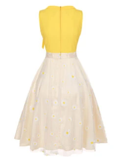 Yellow 1950s Daisy Bowtie Patchwork Dress 10 Yellow 1950s Daisy Bowtie Patchwork Dress -Candi Clothing Shop SCHL000622 3
