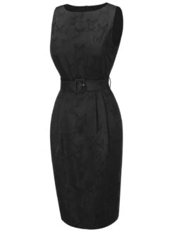 Black 1960s Sleeveless Butterflies Belted Solid Dress -Candi Clothing Shop SCHL000660 2 compressed