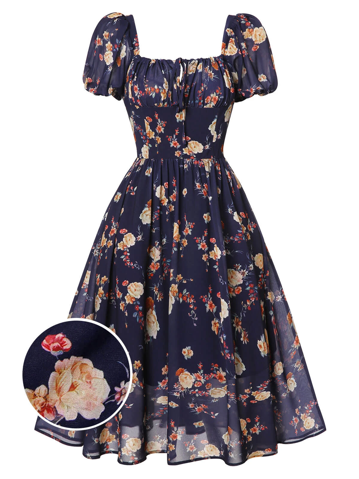 Navy Blue Floral Bubble Sleeves Dress 1 Navy Blue Floral Bubble Sleeves Dress