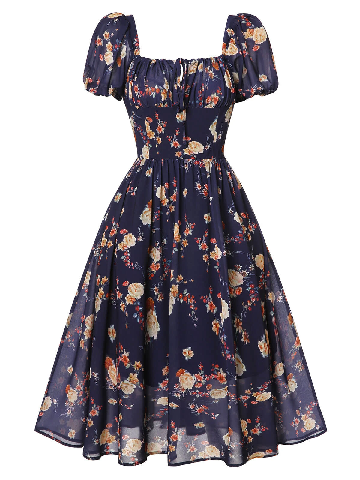 Navy Blue Floral Bubble Sleeves Dress 2 Navy Blue Floral Bubble Sleeves Dress - Image 2