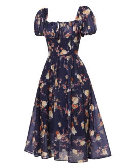 Navy Blue Floral Bubble Sleeves Dress 9 Navy Blue Floral Bubble Sleeves Dress -Candi Clothing Shop SCHL000667 2