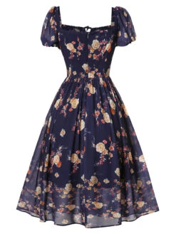 Navy Blue Floral Bubble Sleeves Dress 10 Navy Blue Floral Bubble Sleeves Dress -Candi Clothing Shop SCHL000667 3
