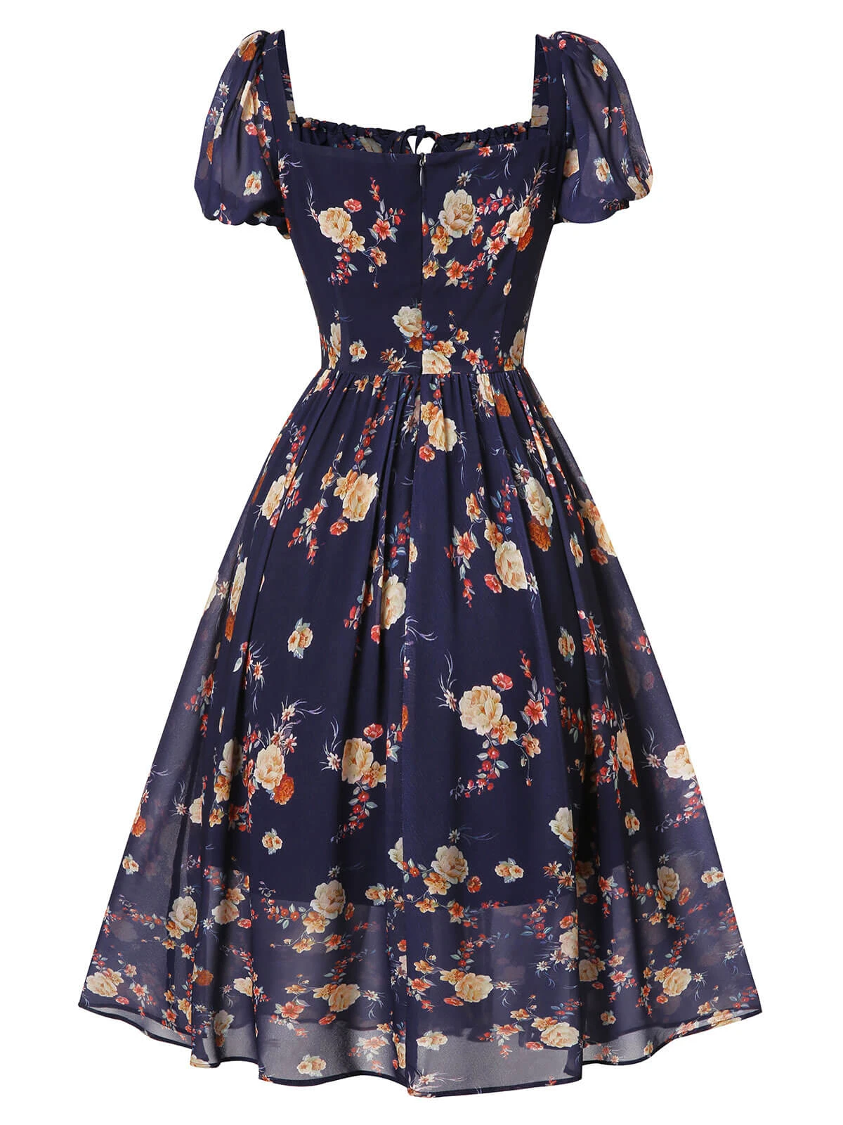 Navy Blue Floral Bubble Sleeves Dress 4 Navy Blue Floral Bubble Sleeves Dress - Image 4